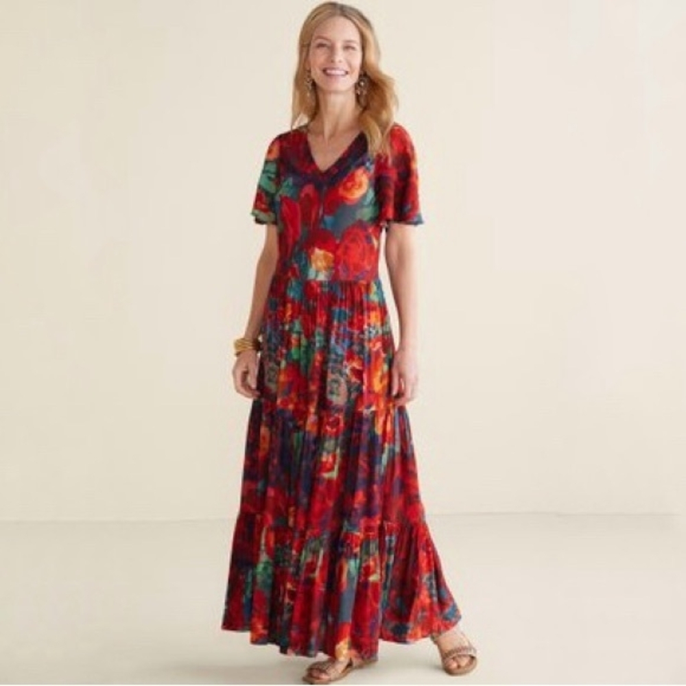 Soft Surroundings Red and Green Floral Maxi Dress Large L New NWT